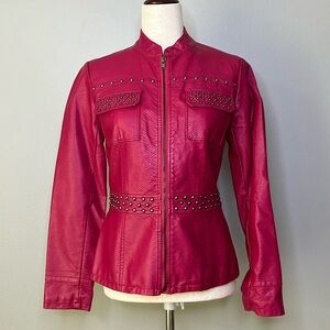 V Cristina Pink Faux Leather Studded Jacket Womens Small Moto Zip‎